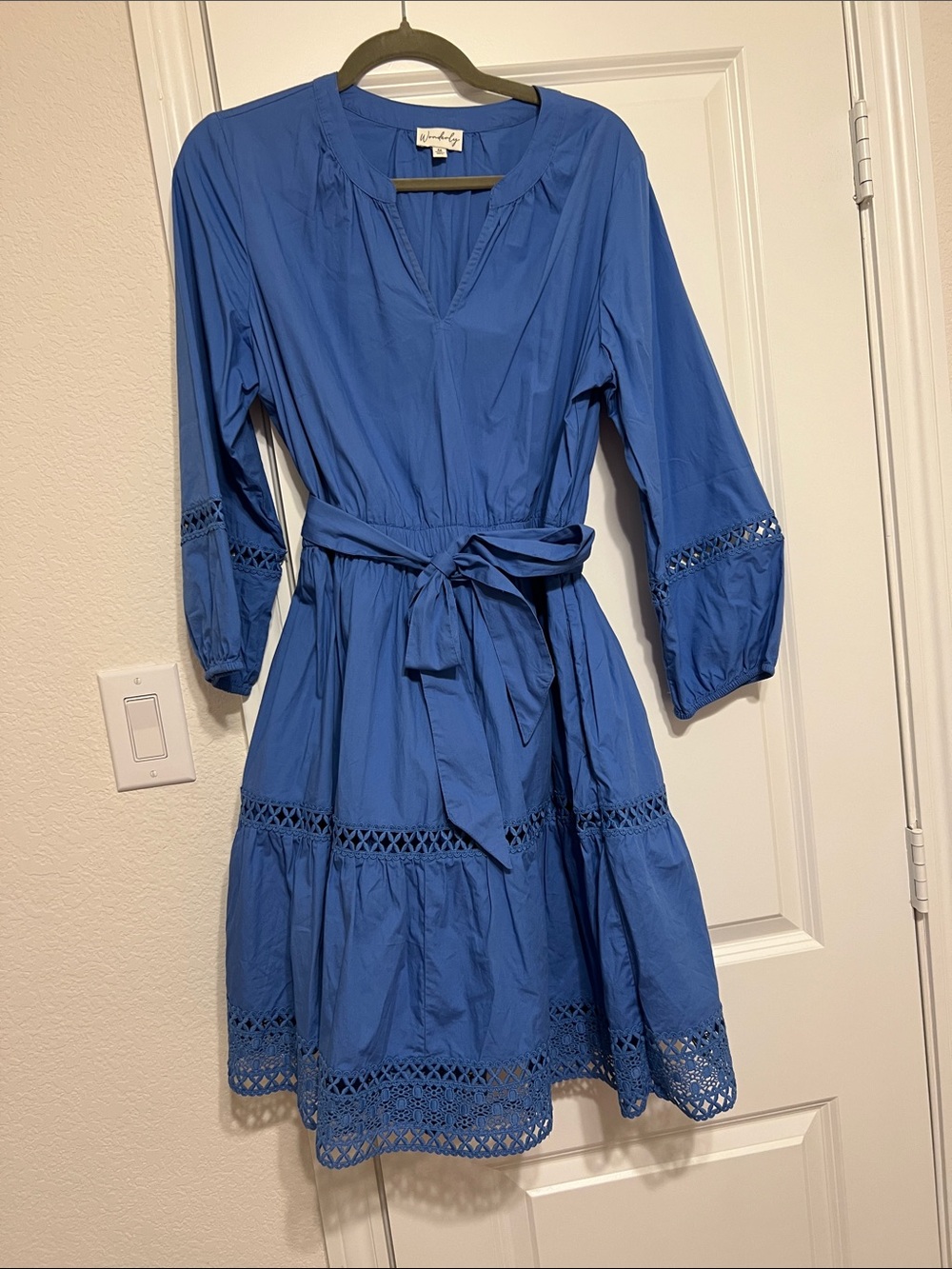Wonderly Blue Waist-Tie Eyelet Trim Dress
